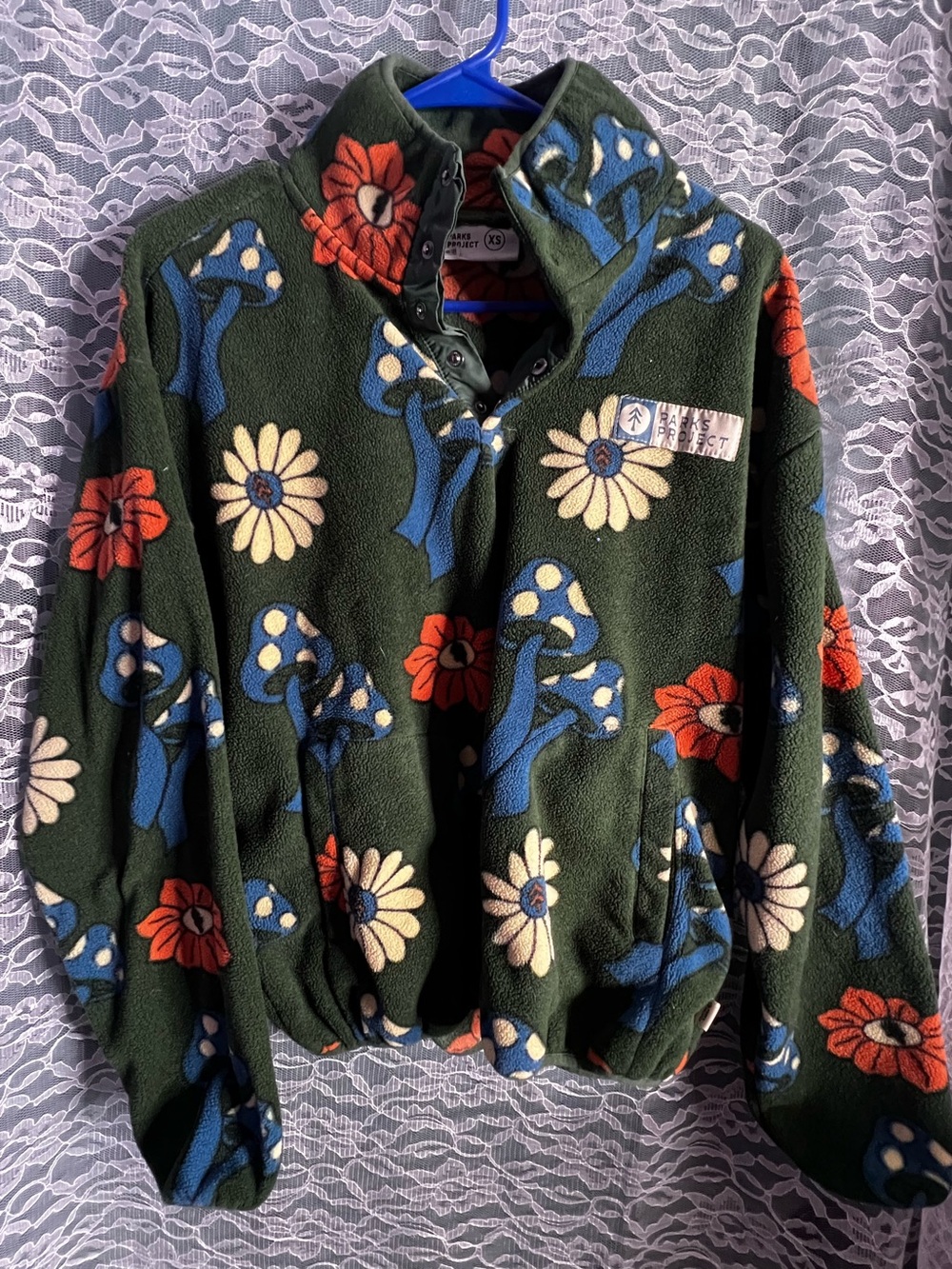 Parks Project Floral & Mushroom Print Fleece Jacket Green Unisex XS